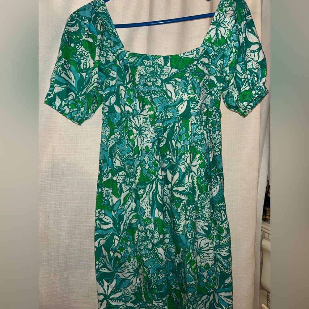 Lilly pulitzer botanical green tropical print short puff sleeve dress